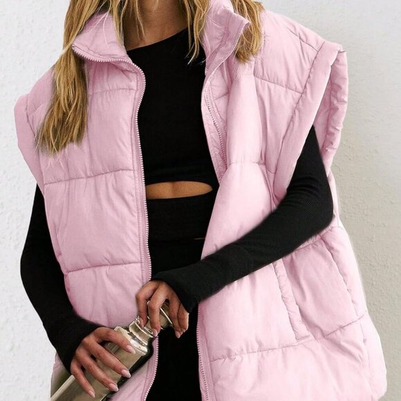 Pink Casual Women's Stand Collar Quilted Sleeveless Puffer Vest Jacket - Picture 1 of 6